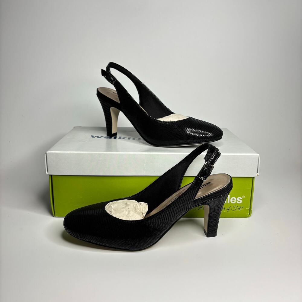 Walking Cradles Margo Slingback Heels in Black Patent Lizard Print Leather
